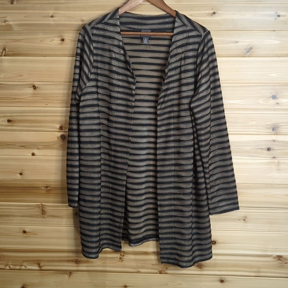 Chico's Womens Top Large Black and Gold Striped Open Front Layering Piece Travel